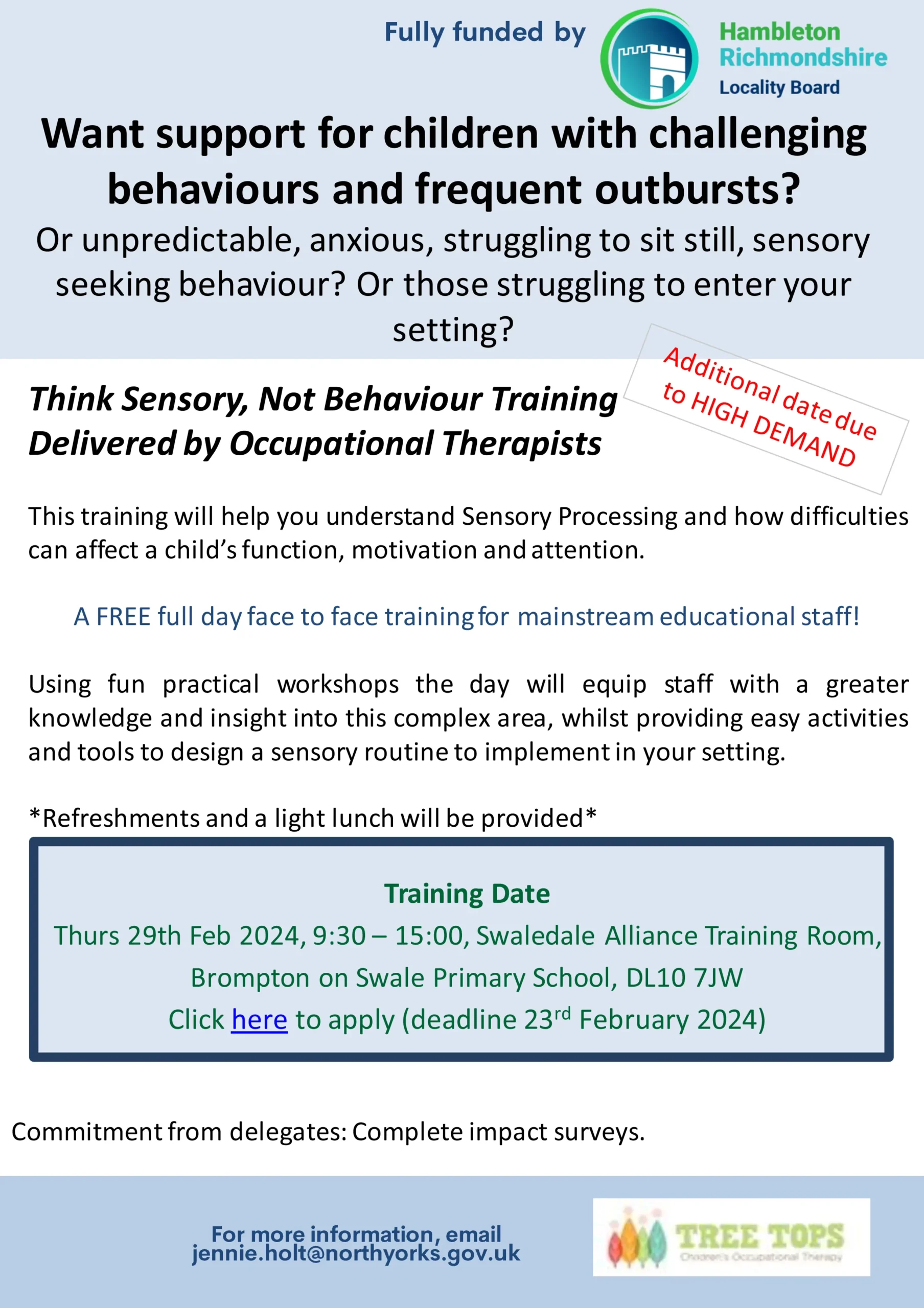 Want support for children with challenging behaviours and frequent outbursts?  
Or unpredictable, anxious, struggling to sit still, sensory seeking behaviour? Or those struggling to enter your setting?


Face to face training 29th February 2024

Available to schools
